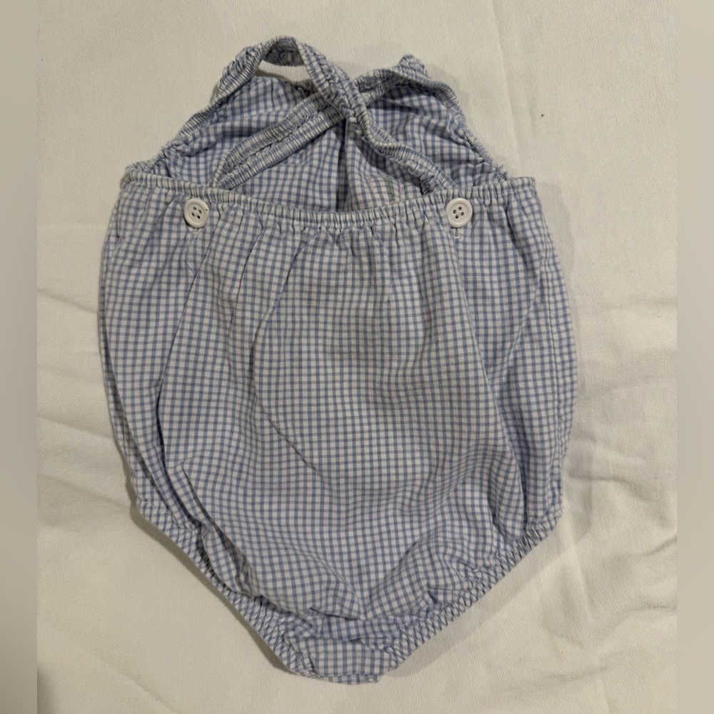 CottonTail Originals Blue Gingham Baby Swimsuit / Romper Pink Flower Applique - Picture 2 of 3
